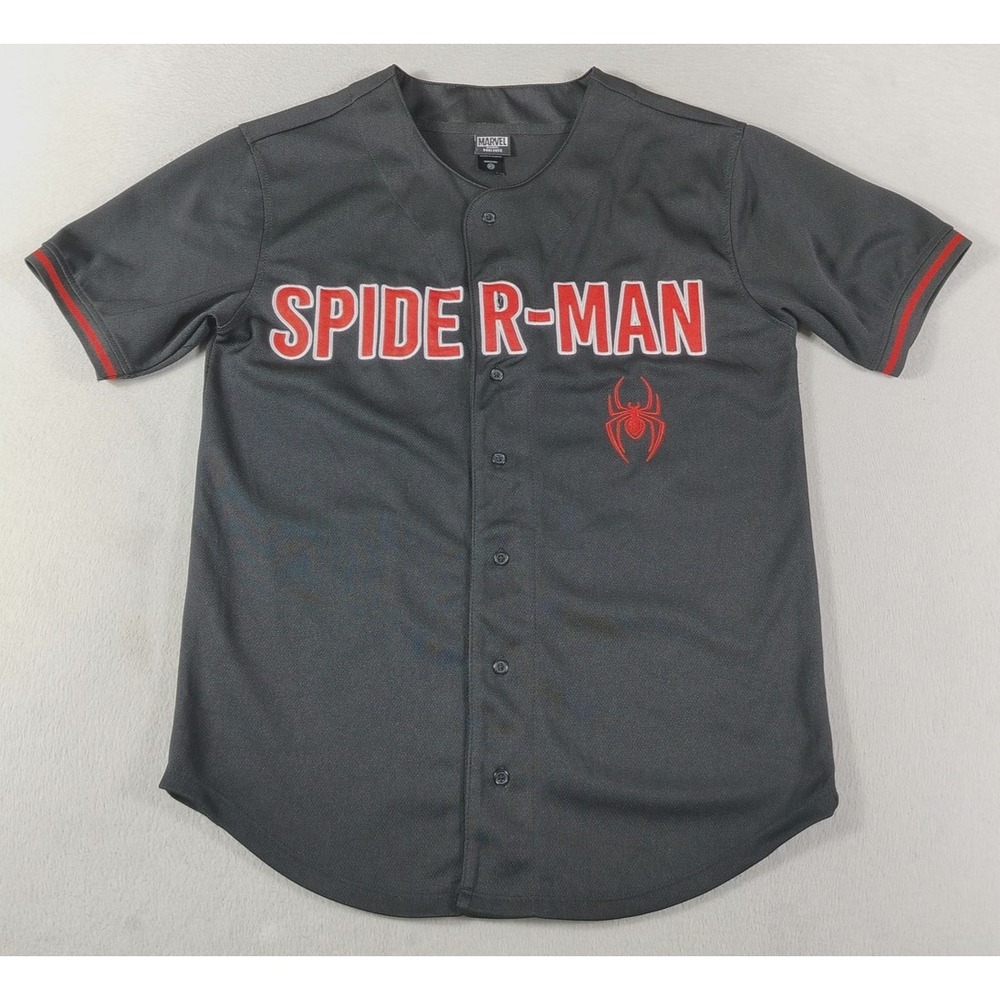 Marvel Spider Man Miles Morales Shirt Mens XS Black Baseball Jersey Button Up